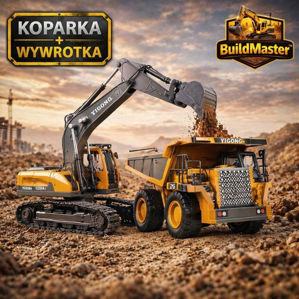 BuildMaster™ – Zdalnie Sterowana Koparka / Wywrotka RC 2.4G | Realistyczna Maszyna Budowlana LED + Dźwięk | Prezent dla Dziecka